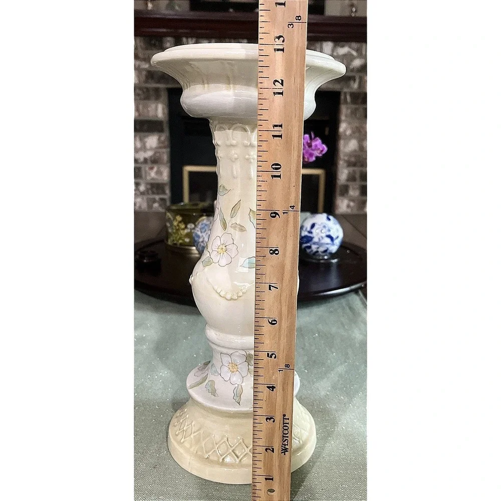 TRACY PORTER Orchard 13.25 Inch Candle Stick Holder Pale Yellow & Blue Floral